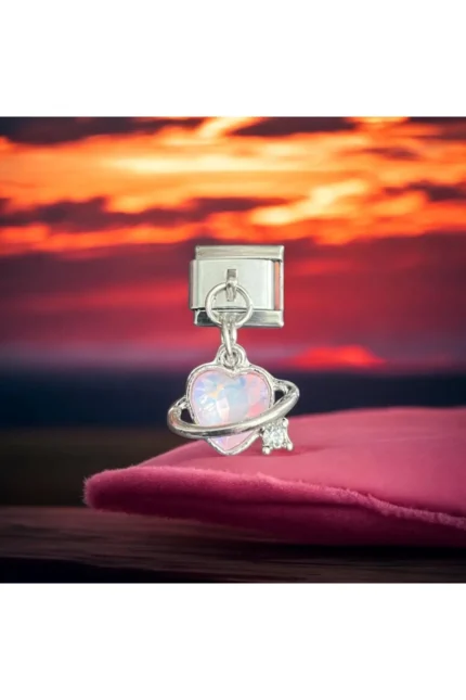 Stainles Steel İtalyan Zirkon Taşlı Pembe Renkli Kalp Detaylı Çelik Charm