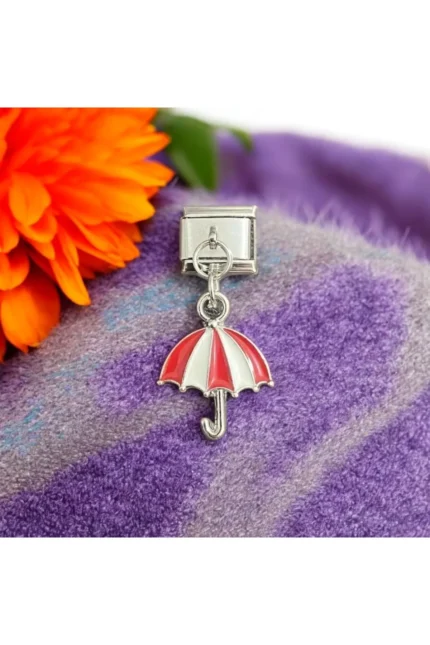 Stainles Steel İtalyan Kırmızı-Beyaz Renkli Şemsiye Detaylı Çelik Charm