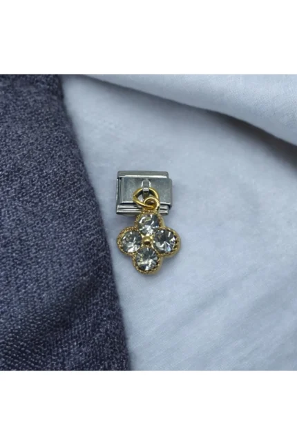 Stainles Steel İtalyan Zirkon Taşlı Yonca Detaylı Çelik Charm
