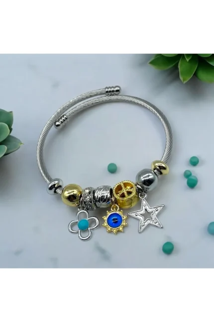 Stainles Steel Zirkon Taşlı Nazar Yıldız Detaylı Pandora Çelik Bileklik