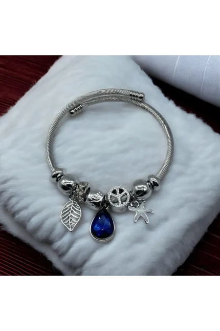 Stainles Steel Zirkon Taşlı Mavi Damla Detaylı Pandora Çelik Bileklik