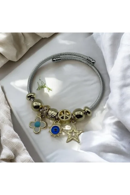 Stainles Steel Zirkon Taşlı Nazar Yıldız Detaylı Pandora Çelik Bileklik