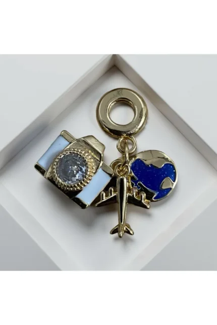 Stainles Steel Fotoğraf Makinesi Dünya Ve Uçak Detaylı Charm