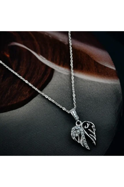 Stainles Steel Zirkon Taşlı Melek Kanadı Detaylı Çelik Kolye